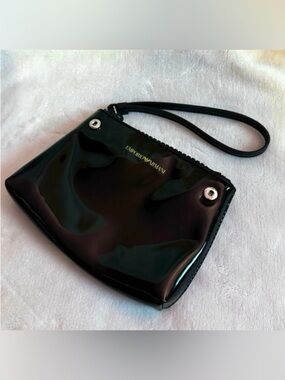 Emporio Armani Black Patent Wristlet Pouch Bag Y2K Style